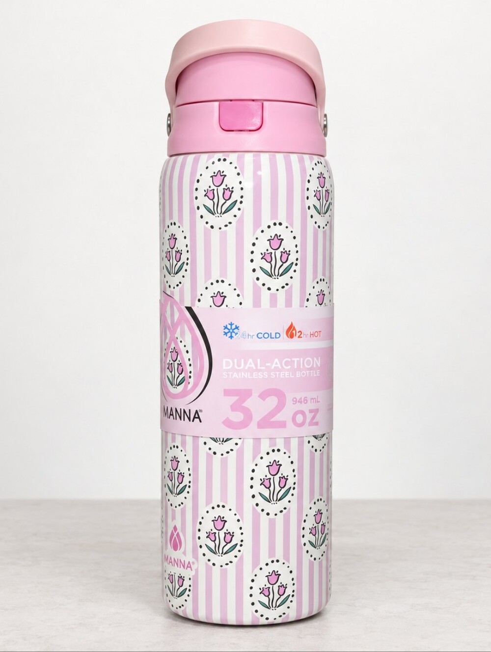 Manna Hydra 32 Oz Pink Tulip Dual-Action Bottle NWT